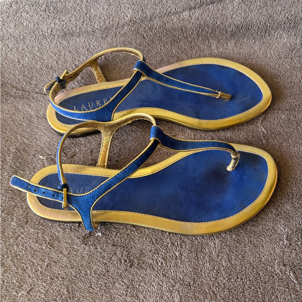 Lauren Ralph Lauren blue velvet/gold sandals size 8.5 B - Picture 2 of 5